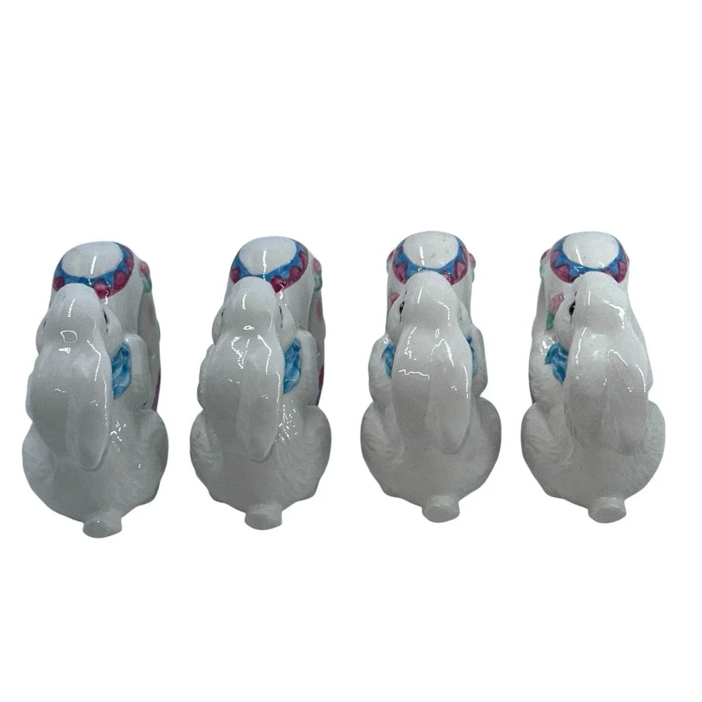 Vintage Ceramic Napkin Rings Bunny Rabbit‎ Figurine Set Of 4 White